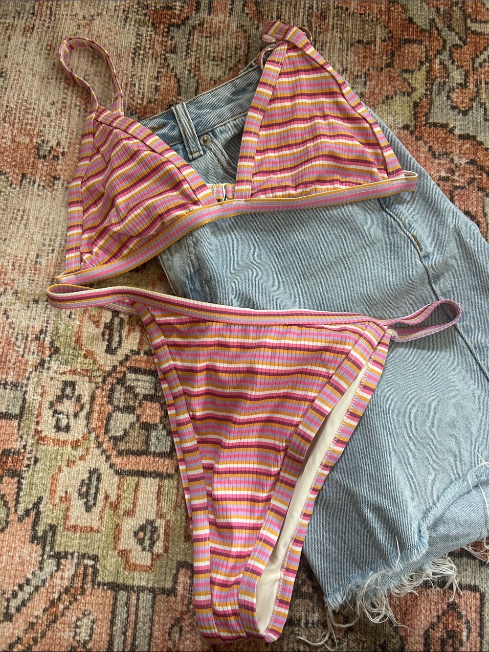PacSun Striped Pink Yellow Ribbed Bikini Set